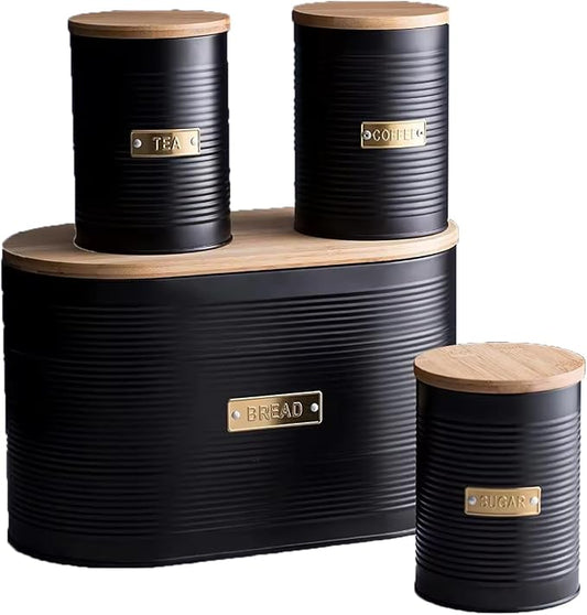 Black Metal Canisters with Wooden Lids – Set of 4 Airtight Storage Tins for Coffee, Tea, Sugar & More – Modern Ribbed Kitchen Containers with Brass Labels