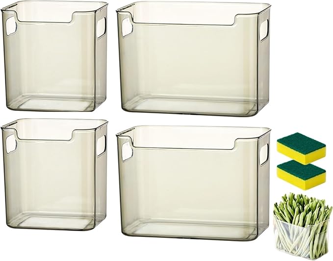 Crystal Clear Freezer Storage Bins, Clear Plastic Bins for Refrigerator and Pantry,4 Pack Stackable Kitchen Organizer with Handles,for Frozen Food Meat Veggies Snacks(Green(2S+2L))