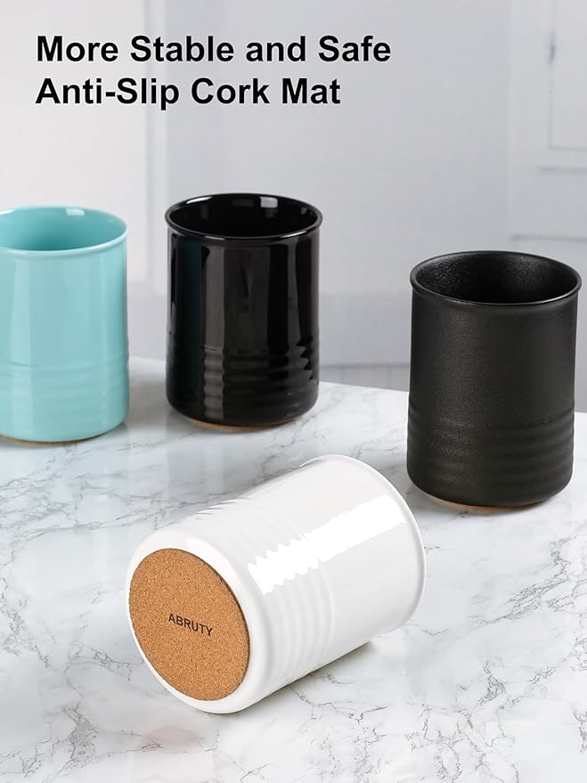 ABRUTY Utensil Holder, 6.7" Ceramic Kitchen Utensil Crock for Countertop Cooking, Modern Utensil Caddy Jar Organizer for Farmhouse Kitchen Counter Decor (Black)