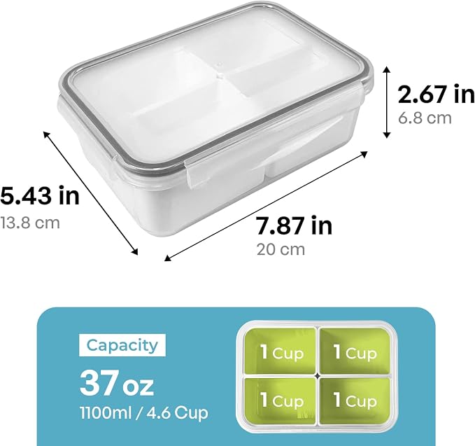 carrotez Food Storage Container with 4 Removable Compartments, Food Prep Container with Airtight Lids, Portion Control Container, Reusable, BPA Free, 4.6 Cup(1100ml)