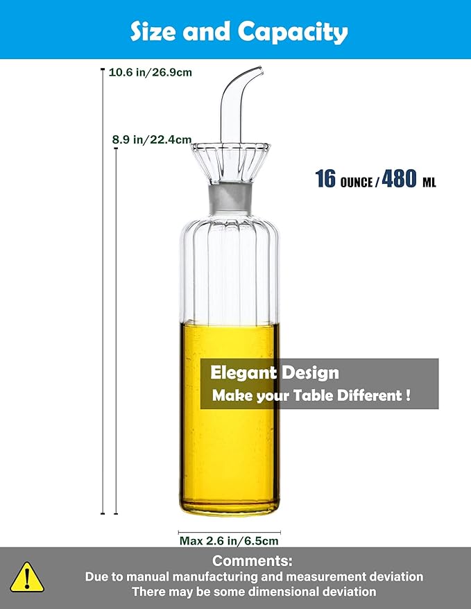 16 oz/480ml Non-Drip Olive Oil Dispenser Bottle 100% Glass Oil Carafe Decanter for Kitchen Oil & Vinegar Cruet for Cooking & BBQ