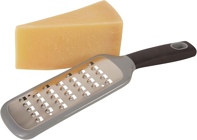 RSVP International Paddle Grater, Etched Steel Blades, Stainless Steel Hand Held Kitchen Cheese & Vegetable Shredder Comfort Grip Handle and Anti-Slip Foot, Safety Cover Included, Extra-Coarse