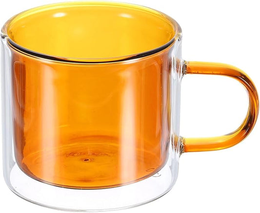 uxcell 8.4 oz Double Wall Glass Coffee Mugs, Glass Tea Cup with Widened Handles for Espresso Coffee, Cappuccino, Tea Bag, Latte, Hot Cold Beverages, Juice, Brown