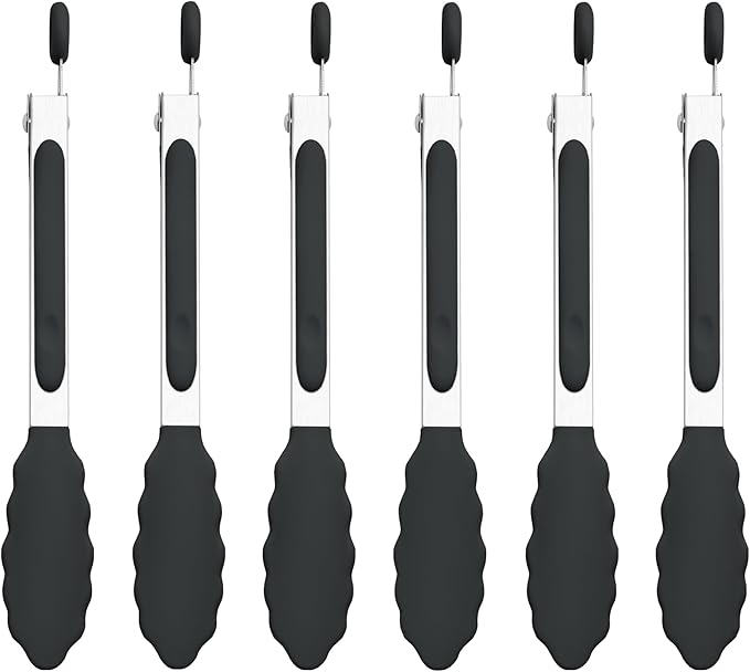 7-Inch Silicone Tongs Pack of 6, Small Stainless Steel Tongs with Silicone Tips for Cooking, Serving, BBQ, Grilling, Salad, Buffet, Party (7", Black)