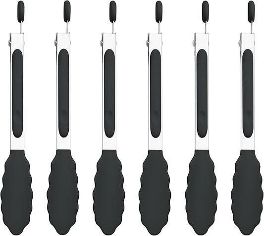 7-Inch Silicone Tongs Pack of 6, Small Stainless Steel Tongs with Silicone Tips for Cooking, Serving, BBQ, Grilling, Salad, Buffet, Party (7", Black)