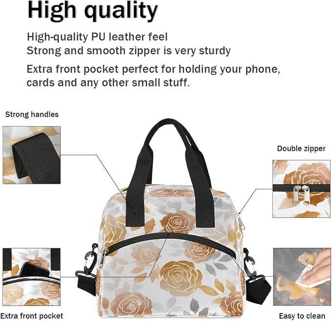 Pardick Golden Rose Flower Insulated Lunch Bag for Women Leakproof Lunch Box Large Cooler Thermal Tote Bag with Shoulder Strap Meal Prep Bags for Work School Office Picnic Teen Girls Adult
