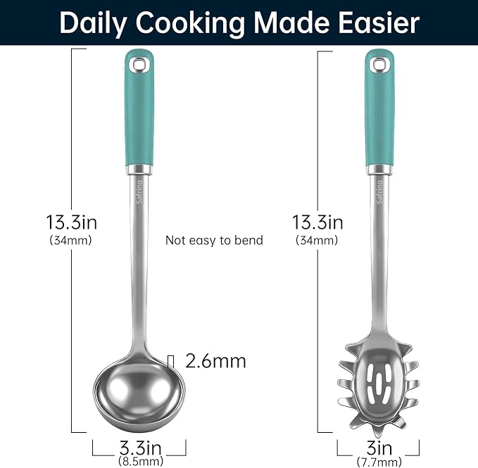 Safring Stainless Steel Soup Ladle and Spaghetti Spoon Set, Heat Resistant Rubber Handle, Dishwasher Safe, Kitchen Utensils for Cooking, Stirring, Serving Pasta, Soup & Sauce (Aqua Sky)
