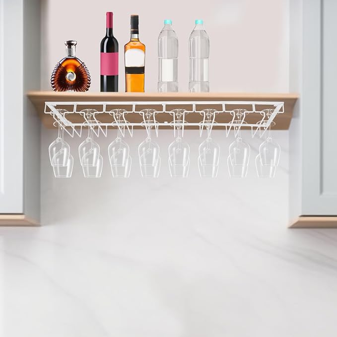 Wine Glass Rack Under Cabinet Max Capacity with 16 Wine Glasses, 8 Row Extreme Large Stemware Hanger, Metal Wine Glass Holder, DIY Bar Glass Storage Rack for Bar Counter, Kitchen(White)