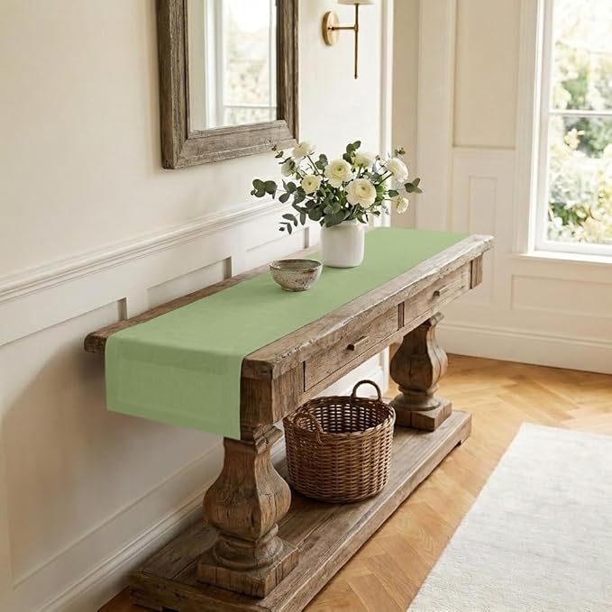 Classic Linen™ by D'Moksha Sage Green Table Runner 60 Inches, 100% Pure Linen, Coffee Table Runner, 14 x 60 Inch for Dresser Tables- Summer, Father's Day