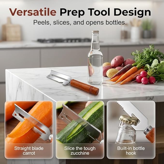 2-in-1 Vegetable Peeler with Wooden Handle – Stainless Steel Wide Blade for Potato, Carrot,Fruit, Multi-Purpose Kitchen Gadget with Built-in Bottle Opener, fit Home, Camping & Travel (3PCS)