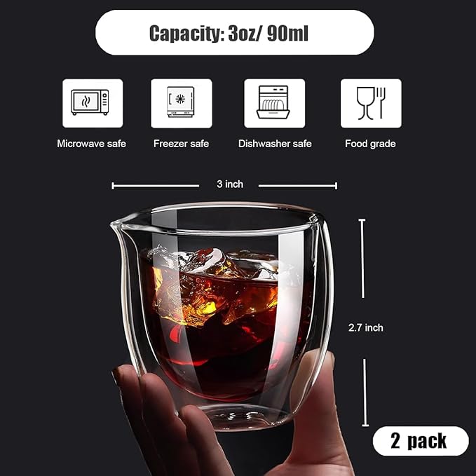 Double Walled Glasses Espresso Cups with Spouts set of 2, 3oz Clear Short Espresso Mugs, Insulated and No Condensation