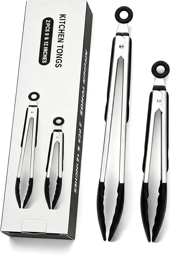 2 Pack Black Kitchen Tongs, Stainless Steel Heat Resistant Food Tongs for Cooking, Non Scratch Silicone Tip for Pans, Strong Grip, Grab Food, Toss Salad, 9 + 12 Inch, Black
