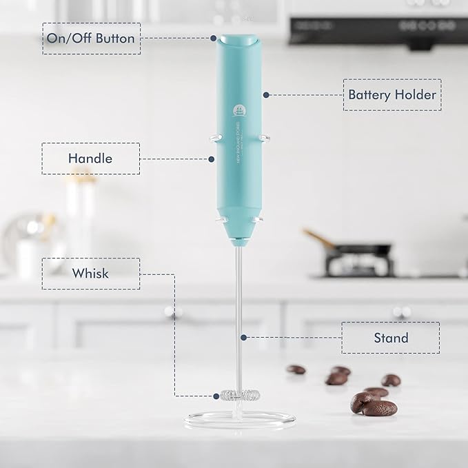 Powerful Milk Frother Handheld Foam Maker, Mini Whisk Drink Mixer for Coffee, Cappuccino, Latte, Matcha, Hot Chocolate, With Stand, Aqua