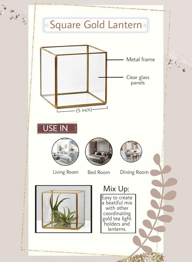 Serene Spaces Living Square Gold Lantern, Measures 5 inches Cube, Sold Individually