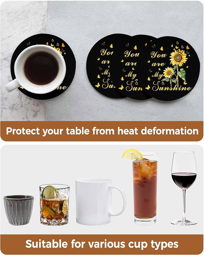 Coasters Set of 6 Sunflowers Drink Coasters with Holder Absorbent Stone Ceramic Cup Mat Black Butterfly You are My Sunshine Coaster for Drinks Coffee Bar Office Kitchen Cafe Home Decor