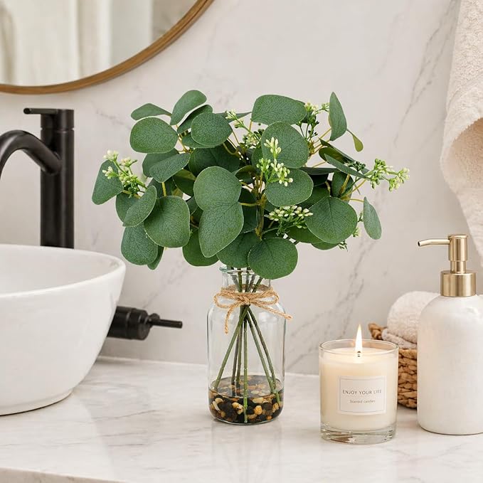 MACTING Artificial Eucalyptus Stems in Glass Vase with Faux Water Stones 14" Artificial Plants Indoor Eucalyptus Leaves for Table Centerpieces Bathroom Kitchen Living Room Shelf Home Decorations