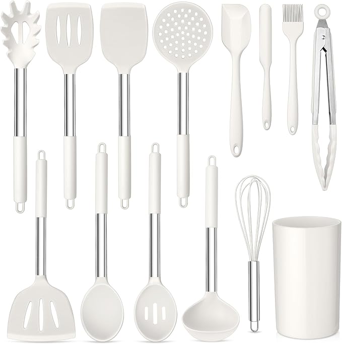 TeamFar Cooking Utensils Set, 14 PCS Silicone Kitchen Utensils with Stainless Steel Handle, Soup Ladle Spatula Spoon Turner for Nonstick Cookware, Healthy & Heatproof, Nonstick & Easy Clean, White