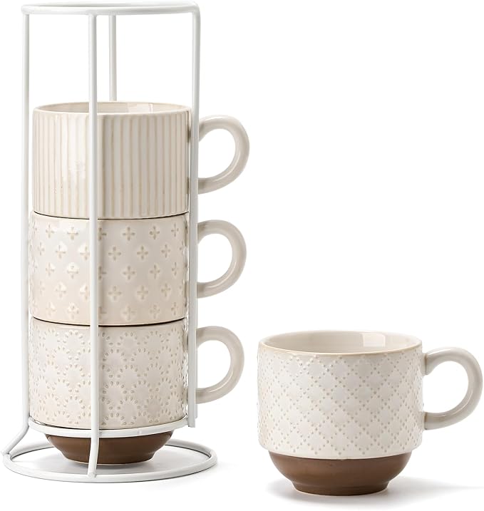 Large Ceramic Coffee Mug Set of 4 with Stand, 15 Oz Stackable Different Embossment Ribbed Latte Cup Set for Cappuccino, Tea, Hot Cocoa, Drinks - Dishwasher & Microwave Safe, Aged Ivory