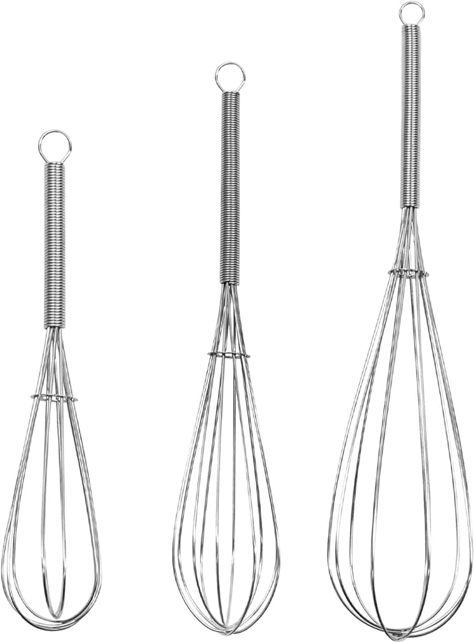 Digead Mini Wire Whisk, 3 Pack - 8, 10 & 12 Inch Small Whisk for Cooking - Ergonomic Spiral Handle, 304 Stainless Steel - Lightweight Mixing Tool for Whisking, Beating & Mixing Sauces - Silver
