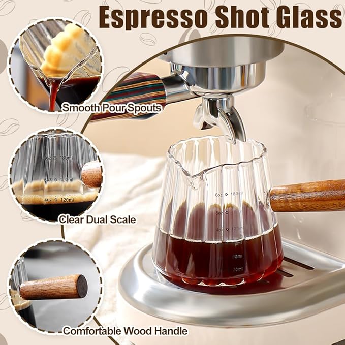2Pcs Espresso Shot Glass, FHDUSRYO 6oz Espresso Cups with 2Pcs Coffee Measuring Spoon, Expresso Shot Cup with V-Shape Mouth, Milk Frothing Pitcher, Glass Measuring Cup Expresso Accessories (Clear)