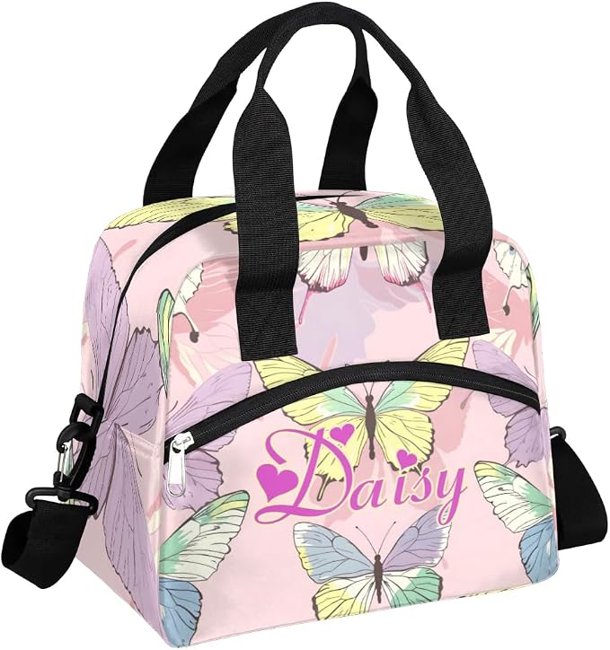 Personalized Butterfly Lunch-Bag for Women, Custom Insulated Cooler Lunch Box with Name, Leakproof-Reusable Lunch Tote Bag for Work Office Picnic - Pink Purple