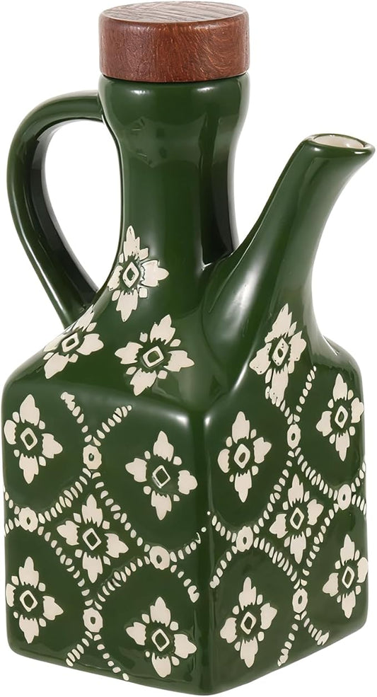 8.5 oz Ceramic Olive Oil Dispenser Bottle Decorative Olive Oil Dispenser Bottle with Handle & Wooden Stopper Relief Opaque Ceramic Oil Cruet for Kitchen Cooking Oil Vinegar (Green)