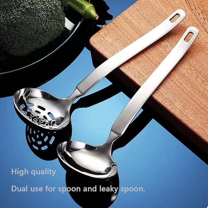 Collfa Small Soup Ladle Metal SUS304 Stainless Steel Ladles Spoon And Slotted Colander Spoon Set Soup Ladle With Holes Strainer Scoop Ladles For Serving Gravy Hot Pot Or Restaurant,2 Piece Set