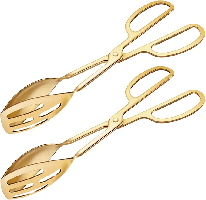 2 Pack Gold Serving Tongs Buffet for Kitchen Cooking 10 Inch Stainless Steel Salad Tongs Serving Utensils for Wedding Party Catering (Gold)