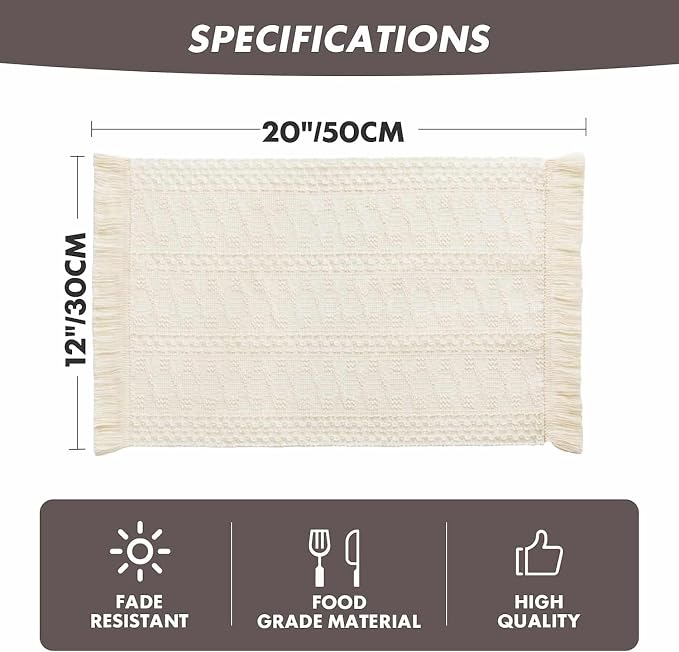 ZeeMart Macrame Style Boho Placemats Set of 6, Ivory 12x20 Inch | Decorative Farmhouse Table Mats, Natural Cotton Woven Place Mats, Bohemian Home Decor for Kitchen Dining Table