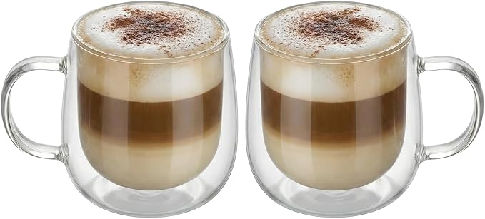 10oz Double Walled Glass Coffee Mugs Set of 2, Clear Insulated Mug for Cappuccino, Latte, Borosilicate Glass Cup, Heat & Cold Resistant Glasses