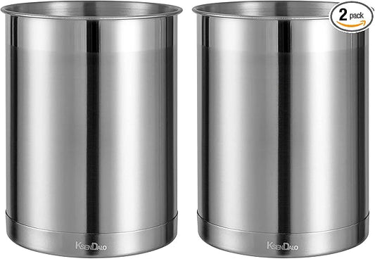 KSENDALO 2 Pack Utensil Crock, 6.6inch Cooking Utensil Holder Stainless Steel Container for Kitchen Counter,Metal Kitchen Spoon Spatula Cutlery Tool Holder Organizer, Silver (2 Pack)