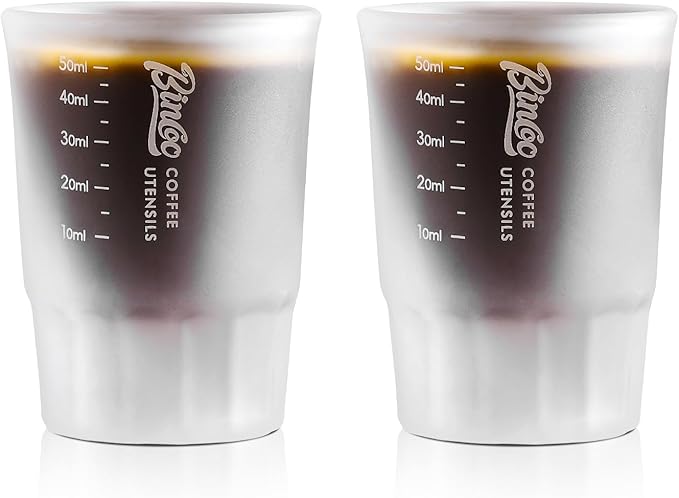 Bincoo Espresso Shot Glasses (2 Pack) – 50ml Heavy Duty Glass Measuring Cups for Barista, Espresso, Coffee, Liqueur – Dishwasher Safe, Precise Scale Markings, Stackable