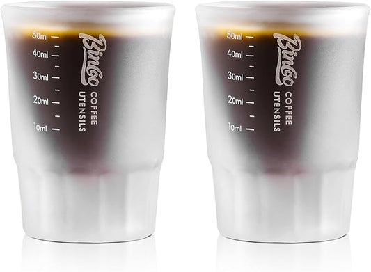 Bincoo Espresso Shot Glasses (2 Pack) – 50ml Heavy Duty Glass Measuring Cups for Barista, Espresso, Coffee, Liqueur – Dishwasher Safe, Precise Scale Markings, Stackable