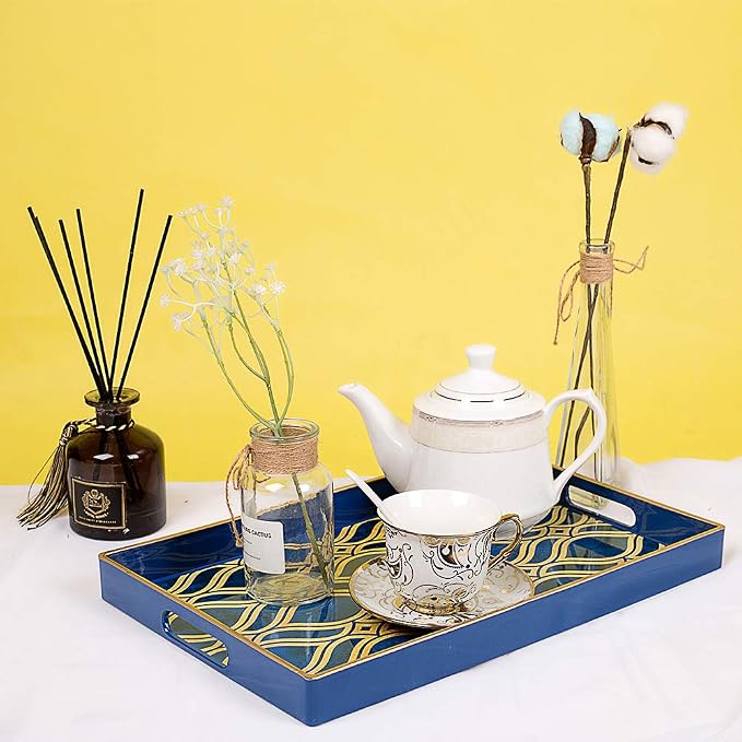 MAONAME Blue Decorative Tray with Handles, Plastic Serving Tray for Coffee Table, Marbling Rectangular Trays for Ottoman, Bathroom, Storage, 15.7" Lx 10.2" W X 1.57" H