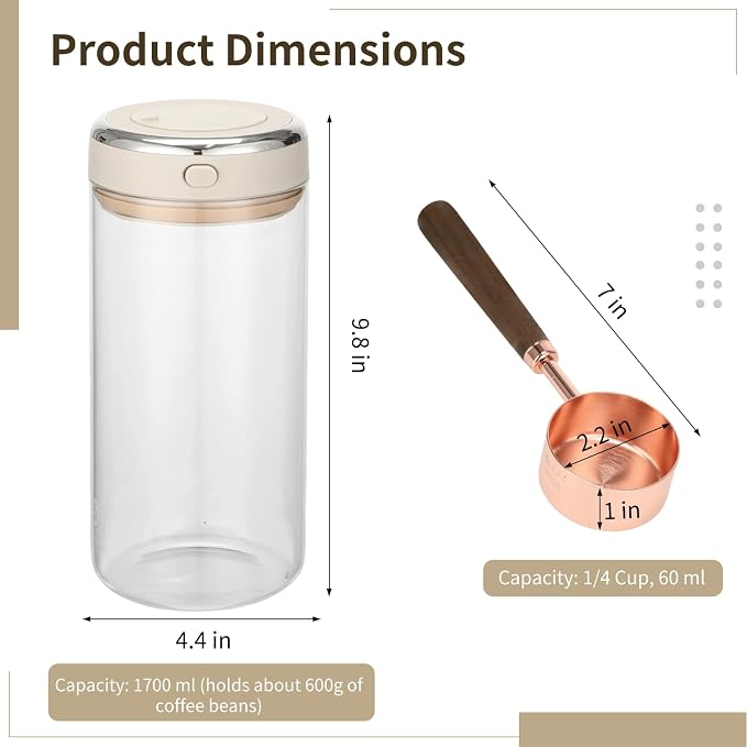1700ml Glass Coffee Canister with 1/4 Cup Measuring Spoon, Airtight Coffee Bean Storage Jar with One-Way CO₂ Vent, Date Tracking Dial & One-Press Seal Lid, High Borosilicate Glass Jar for Tea Sugar