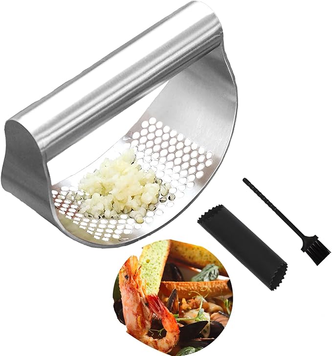 Stainless Steel Garlic Press Rocker, Matching Silicone Roller Peeler & Cleaning Brush, Sturdy Garlic Crusher & Slicer