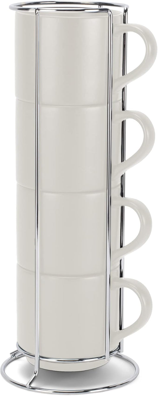 Nat & Jules Stacking Cream 14 ounce Ceramic Stoneware Mugs With Stand Set of 4