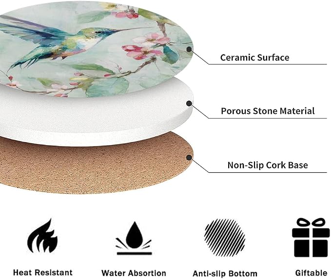 Drink Absorbent Coasters with Holder Set of 6, Ceramic Stone with Cork Base, Watercolor Hummingbird and Flowers Coaster for Drinks, Gift for Housewarming Room Bar Home Decor Kitchen