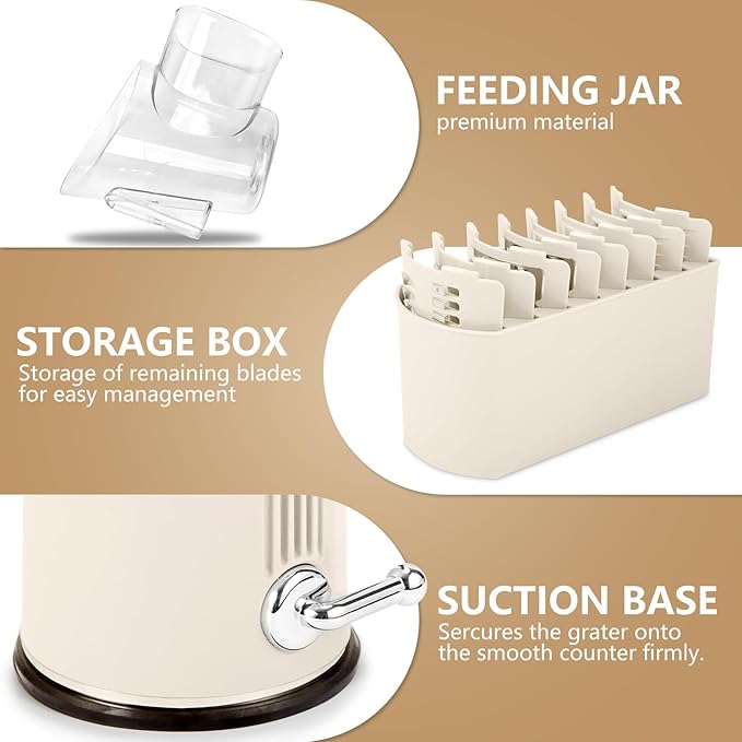 Rotary Cheese Grater with Handle: 5-in-1 Cheese Grater Hand Crank, Strong Suction Base for Fruit Vegetables Nuts with Blade Storage Box (White)