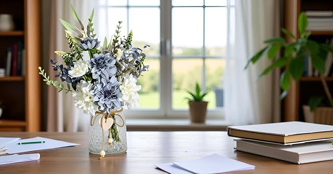Artificial Flowers with Vase, Faux Dahlia Flower Arrangement in Glass Vase, Blue and White Silk Flowers with Eucalyptus for Home Office Kitchen Dining Table Centerpiece Decor