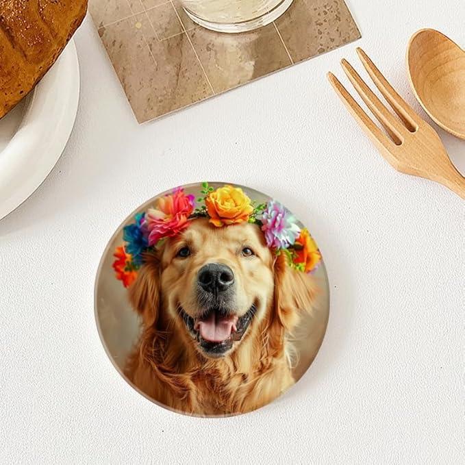 1 Pcs Coffee Cup Coasters for Drinks, Smiling Golden Retriever with Colorful Flower Round Absorbent Non-Slip Ceramic Stone Cork Coasters for Kitchen Office Decoration Bar (4 * 4 Inch)