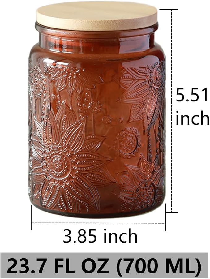 ANSQU Set of 2 Vintage Glass Kitchen Storage Counter Jar, 23.7 FL OZ Candy Jars with Lids, Coffee Container for Ground Coffee, Mason Jar Hold Tea, Sugar, Bath Salts & More (Amber, 2 Pack)