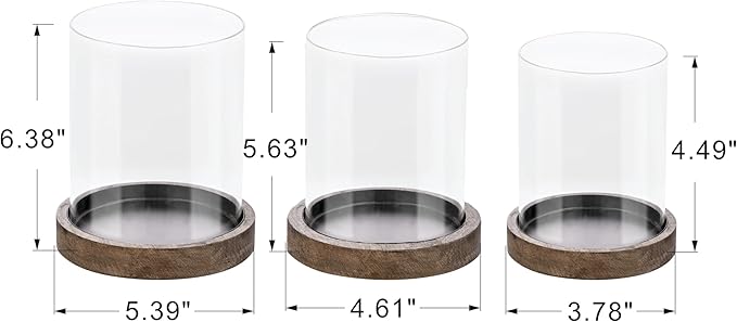 Set of 3 Glass Hurricane Candle Holders for Pillars with Vintage Natural Solid Wood Bases Crafted from Pine, Farmhouse Candlestick Holder, Centerpieces for Home, Garden, Table, Mantel, Wedding, Party