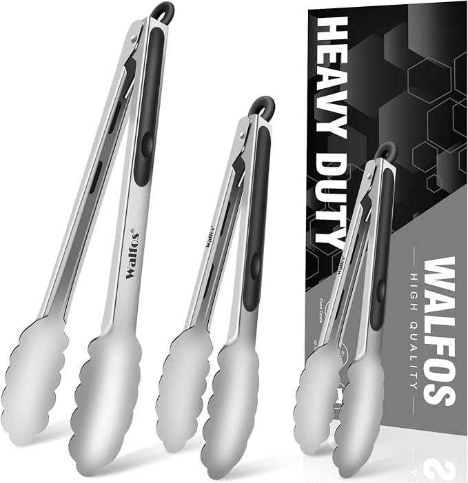 Food Grade Stainless Steel Kitchen Tongs for Cooking,BBQ - 7 ，9 and 12 Inch,Set of 3 Heavy Duty Locking Metal Food Tongs Non-Slip Grip