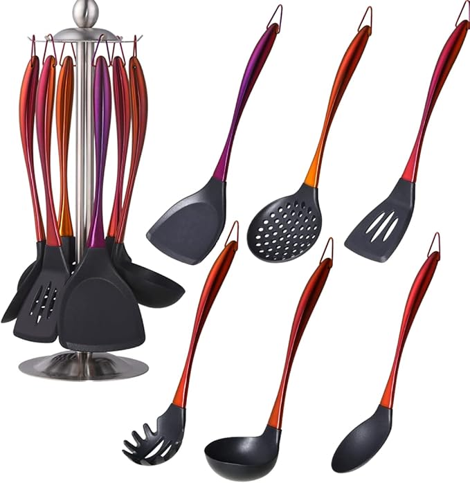 Silicone Cooking Utensil Set, 6 pcs Silicone Cooking Kitchen Utensils Set, Non-stick Kitchen Cookware Titanium Stainless Steel Handle with Utensil Holder, Spatula Set for Cooking -Orange Red