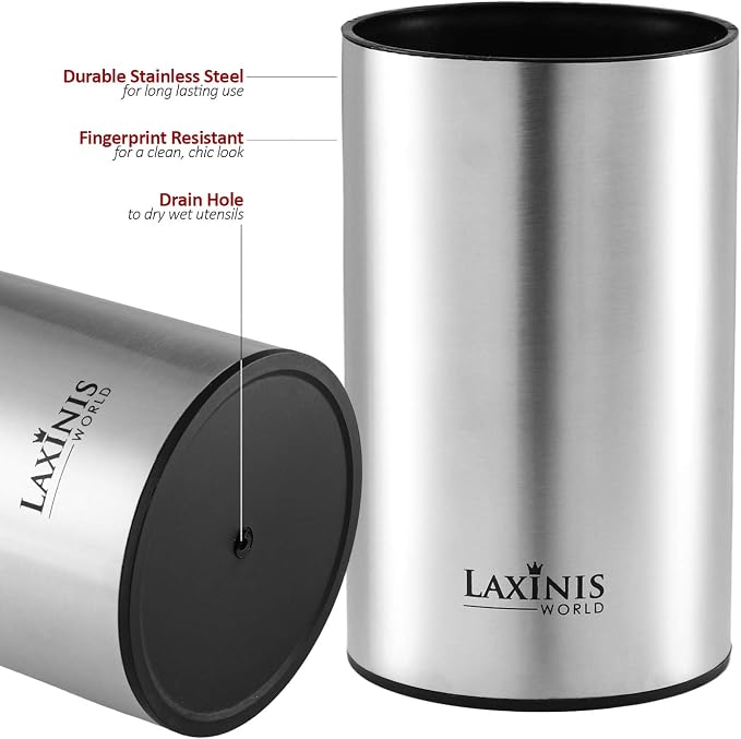 Laxinis World Stainless Steel Kitchen Utensil Holder, Kitchen Caddy, Utensil Organizer, Round Shape Utensils Crock, 7" by 4.3" (utensils not included)