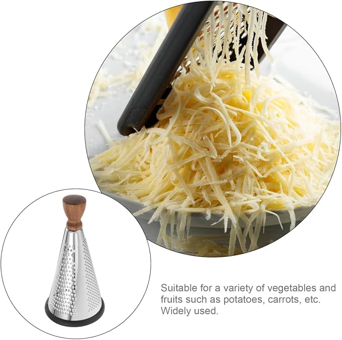 Cabilock 9.44 Inch Stainless Steel Cheese Grater with Wooden Handle Multifunctional Cone-Shaped Hand Grater for Cheese Vegetables and Fruit in Home Kitchen