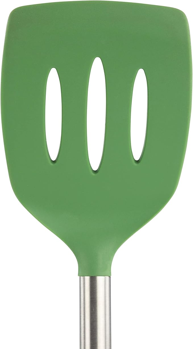 Tovolo Silicone Cooking Utensil Set of 6 Stainless Steel Handle Ladle Slotted Turner Tongs Flex Core Spatula Scraper Mixing Spoon & Potato Masher, Dishwasher Safe BPA Free Utensils, Pesto Green