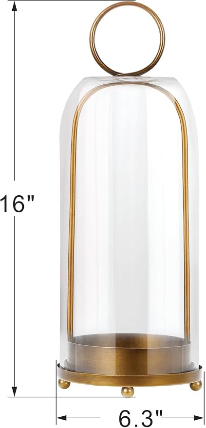 16" High Versatile Modern Metal Hurricane Lantern with Handmade Sturdy Glass Dome in Antique Brass for Pillar Candle & Plants, Industrial, Farmhouse, Shabby Chic (Brass, 6.3"x16.5")