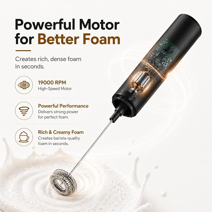 Rechargeable Milk Frother with Stand, Electric Whisks Foam Maker, POWERFUL USB C 2 Speed Handheld Drink Mixer for Coffee, Latte, Cappuccino, Matcha Drinks,Black
